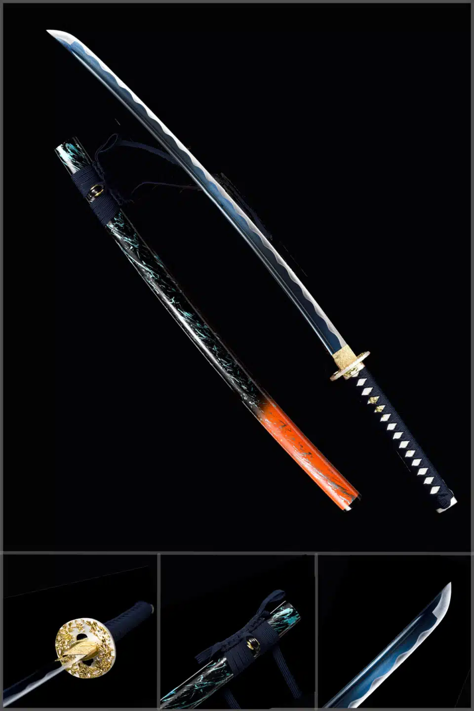 Handmade Japanese Katana Sword Carbon Steel Blade Full Tang With Grinding Hamon Stripe Orange Scabbard