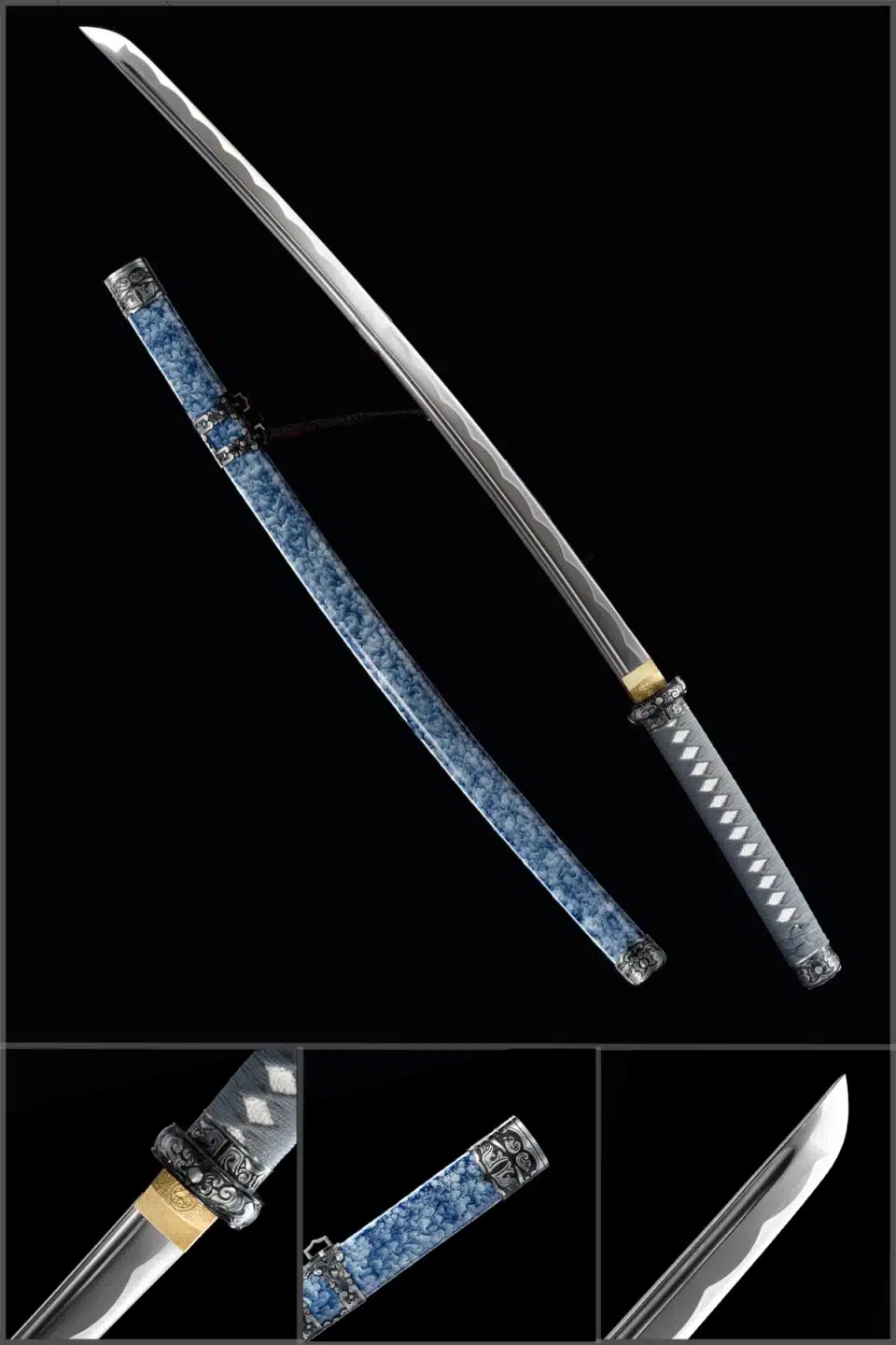 Handmade Japanese Katana Sword Carbon Steel Grey Blade With Blue Scabbard