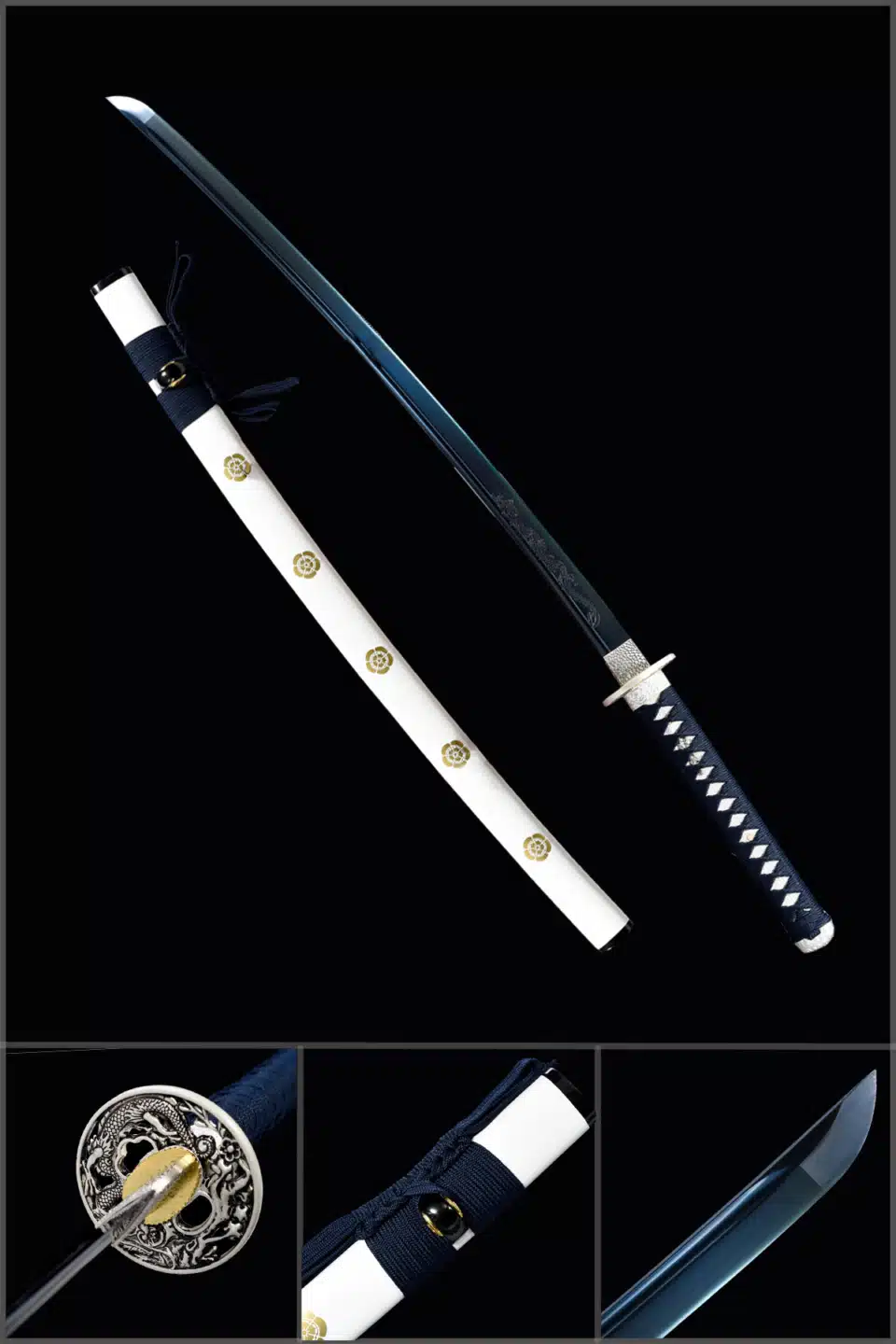 Handmade Japanese Katana Sword Blue Baked Patter Steel Bladefull Tang White Scabbard