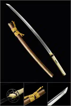 Handmade Japanese Katana Sword Gold Handler Pattern Steel Full Tang Blade With Bo Hi Gold Scabbard