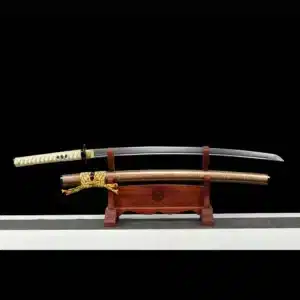 Handmade Japanese Katana Sword Gold Handler Pattern Steel Full Tang Blade With Bo Hi Gold Scabbard