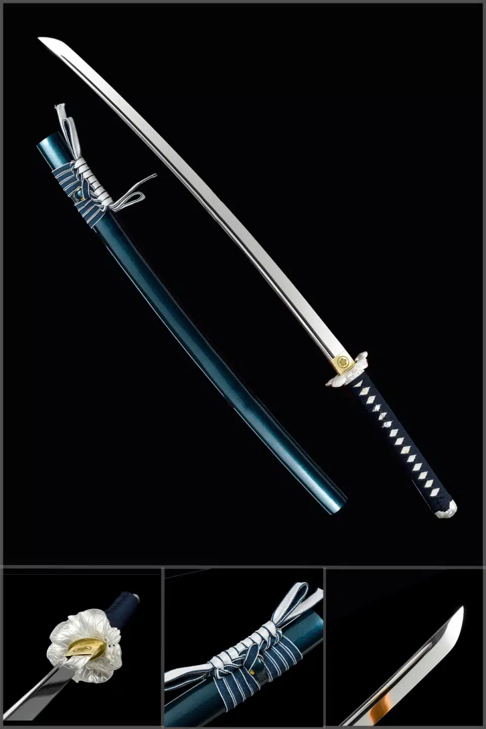 Handmade Japanese Katana Sword High Manganese Steel Blade Mirror Polishing With Bo Hi Blue Scabbard