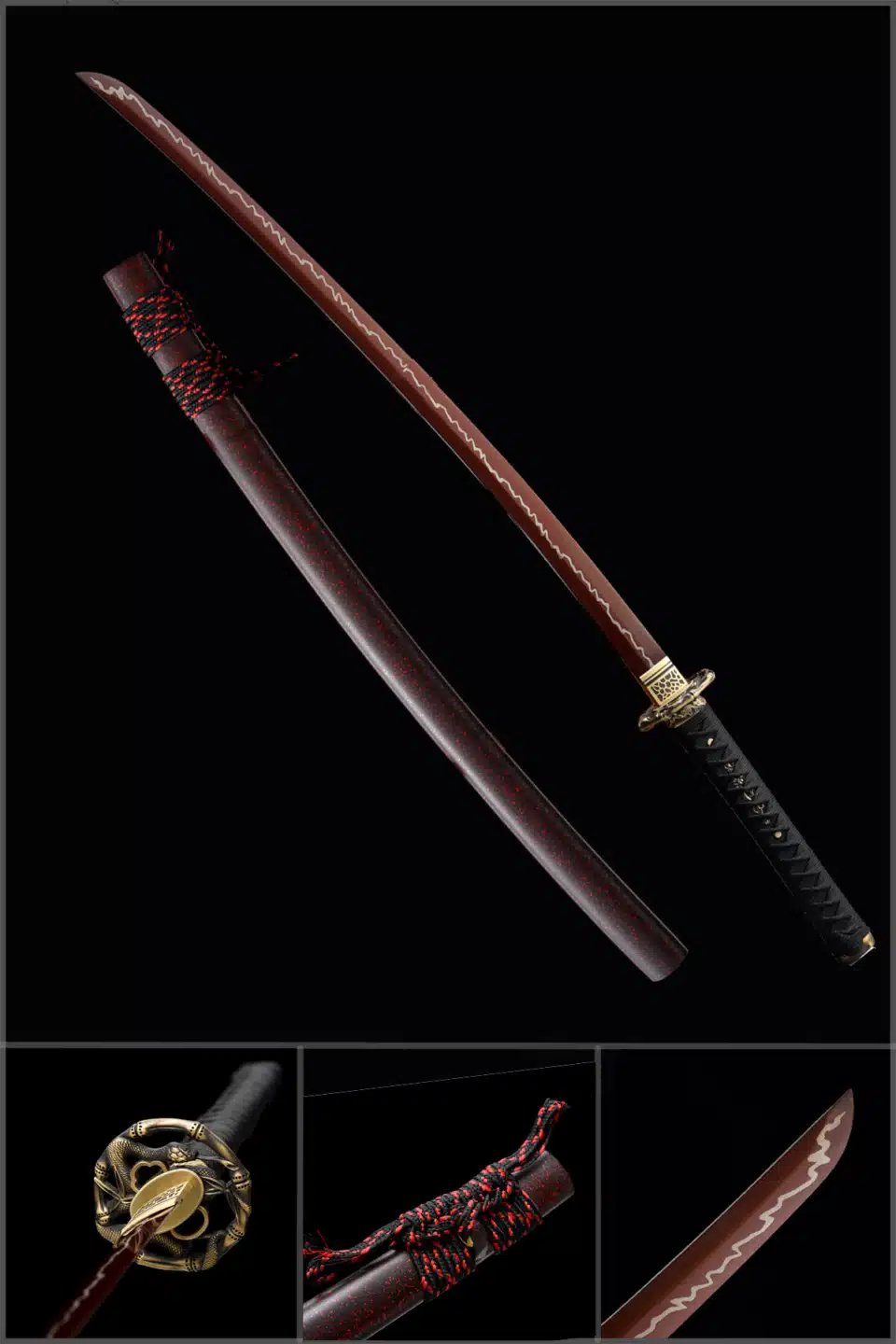 Handmade Japanese Katana Sword High Manganese Steel Lighting Pattern Red Blade Brown Scabbard