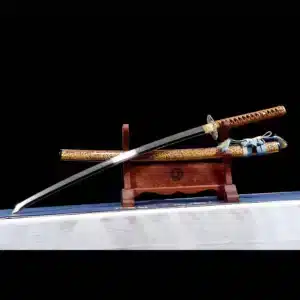 Handmade Japanese Katana Sword Ninefold T Steel With Bo Hi Ready Battle With Orange Scabbard