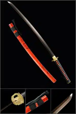 Handmade Japanese Katana Sword Patter Steel Blade Feather Pattern Full Tang With Red Scabbard