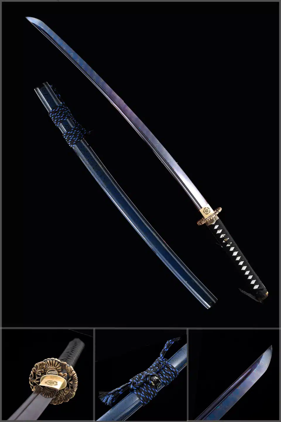 Handmade Japanese Katana Sword Pattern Steel Blade Full Tang Blue Baked Blue Scabbard