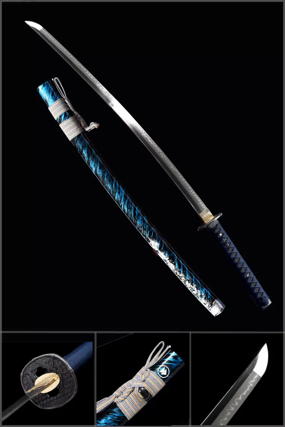 Handmade Japanese Katana Sword T Steel Blade Clay Tempered With Hamon Stripe Blue Scabbard