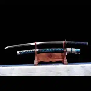 Handmade Japanese Katana Sword T Steel Blade Clay Tempered With Hamon Stripe Blue Scabbard