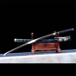 Handmade Japanese Katana Sword T Steel Blade Clay Tempered With Hamon Stripe Blue Scabbard