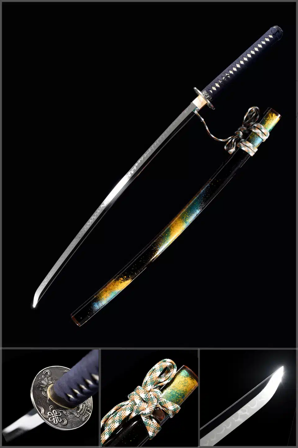 Handmade Japanese Katana Sword T Steel With Hamon Ready Battle Mixed Color Scabbard