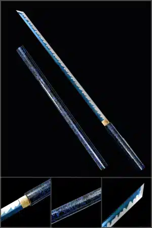 Handmade Japanese Ninjato Sword Spring Steel Fire Pattern Blade Blue Baked Full Tang Blue Saya