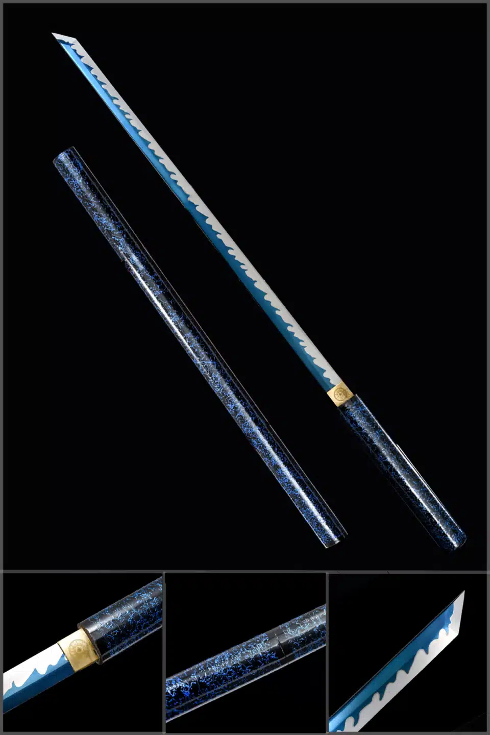 Handmade Japanese Ninjato Sword Spring Steel Fire Pattern Blade Blue Baked Full Tang Blue Saya