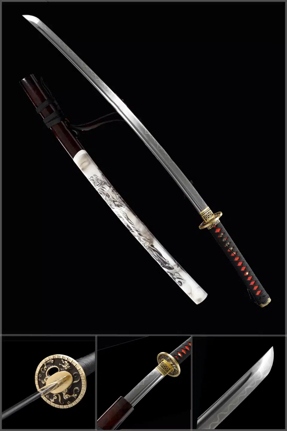 Handmade Japanese Samurai Katana Folded Steel Blade Bo Hi Painted Saya Full Tang Copper Tsuba