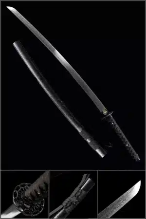 Handmade Japanese Samurai Katana Patter Steel Black Blade Clay Tempered Circle Pattern Black Saya