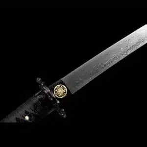 Handmade Japanese Samurai Katana Patter Steel Black Blade Clay Tempered Circle Pattern Black Saya