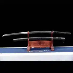 Handmade Japanese Samurai Katana Patter Steel Black Blade Clay Tempered Circle Pattern Black Saya