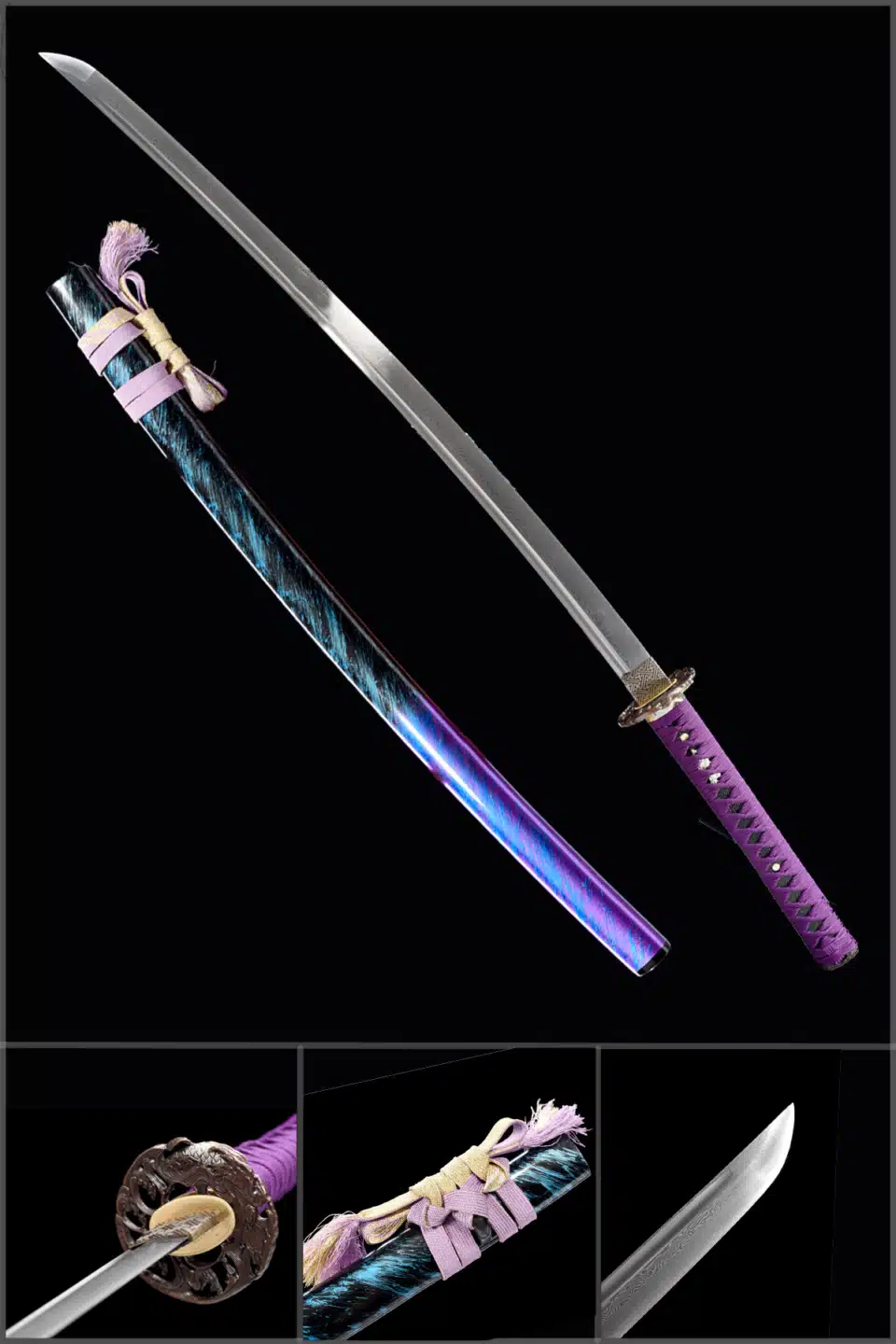 Handmade Japanese Samurai Katana Pattern Steel Blade Purple Handle With Blue Saya