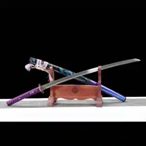 Handmade Japanese Samurai Katana Pattern Steel Blade Purple Handle With Blue Saya