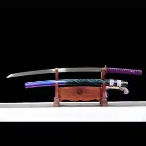 Handmade Japanese Samurai Katana Pattern Steel Blade Purple Handle With Blue Saya