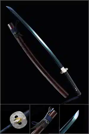 Handmade Japanese Samurai Katana Sword Carbon Steel Blue Blade Battle Ready Brown Saya