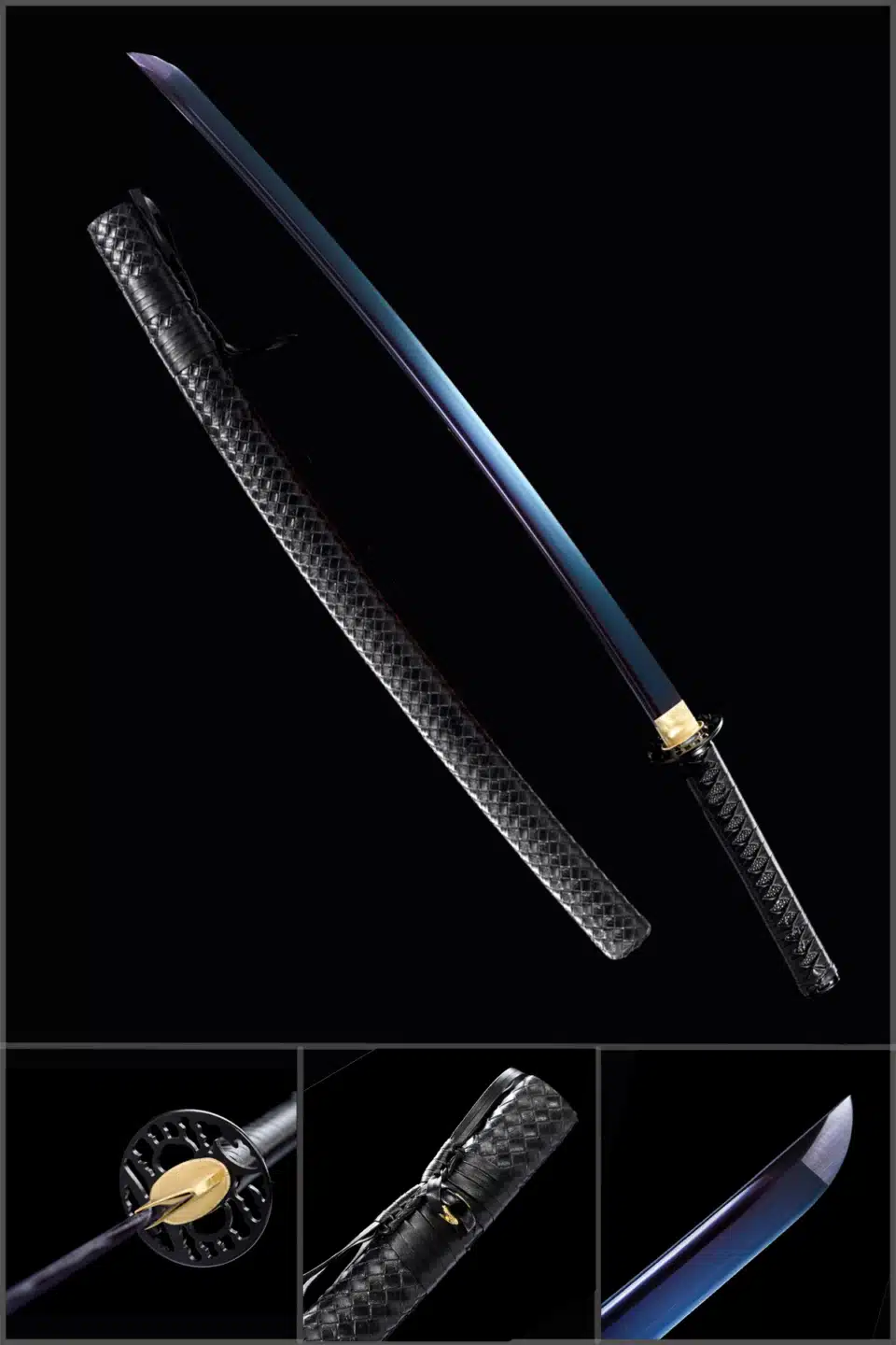 Handmade Japanese Samurai Katana Sword Carbon Steel Blue Blade With Bo Hi Pu Wrap Black Saya