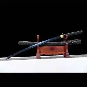 Handmade Japanese Samurai Katana Sword Carbon Steel Blue Blade With Bo Hi Pu Wrap Black Saya