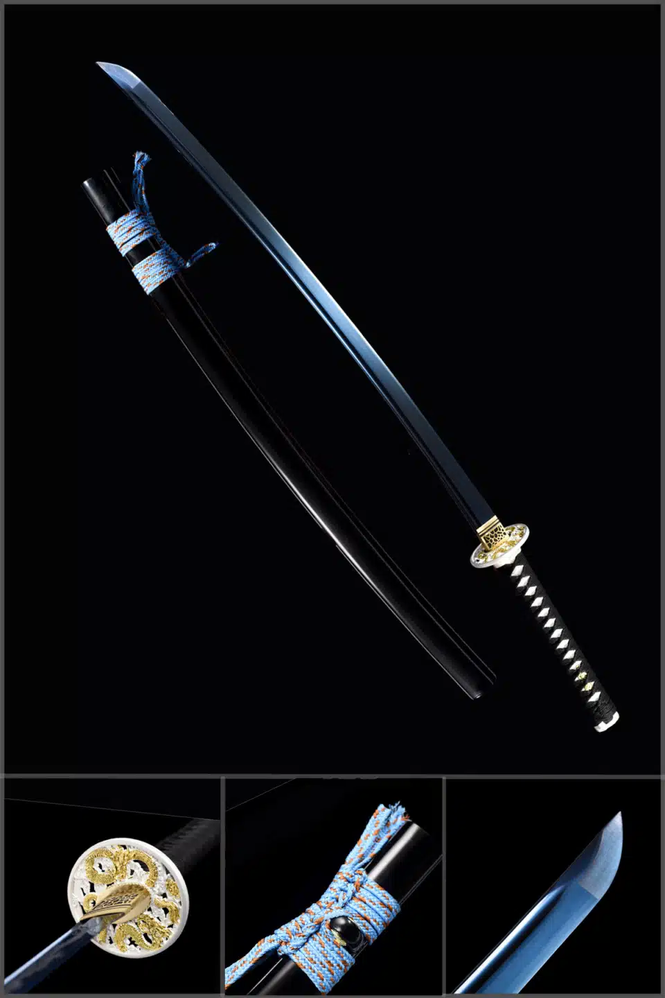 Handmade Japanese Samurai Katana Sword Carbon Steel Blue Full Tang Blade With Bo Hi Black Saya