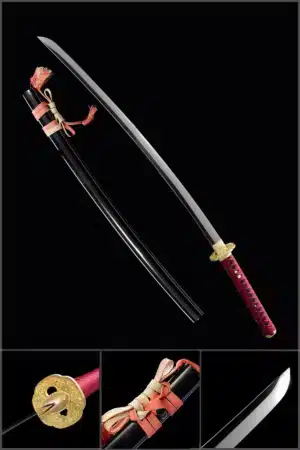 Handmade Japanese Samurai Katana Sword High Carbon Steel Blade Mirror Polished Red Handle Black Saya