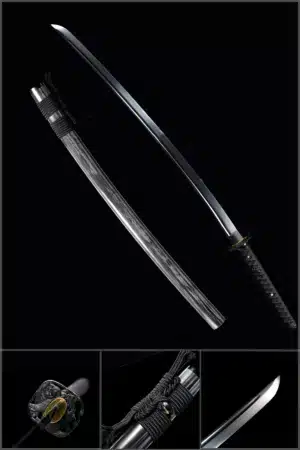 Handmade Japanese Samurai Katana Sword Spring Steel Black Blade Full Tang With Grey Scabbard