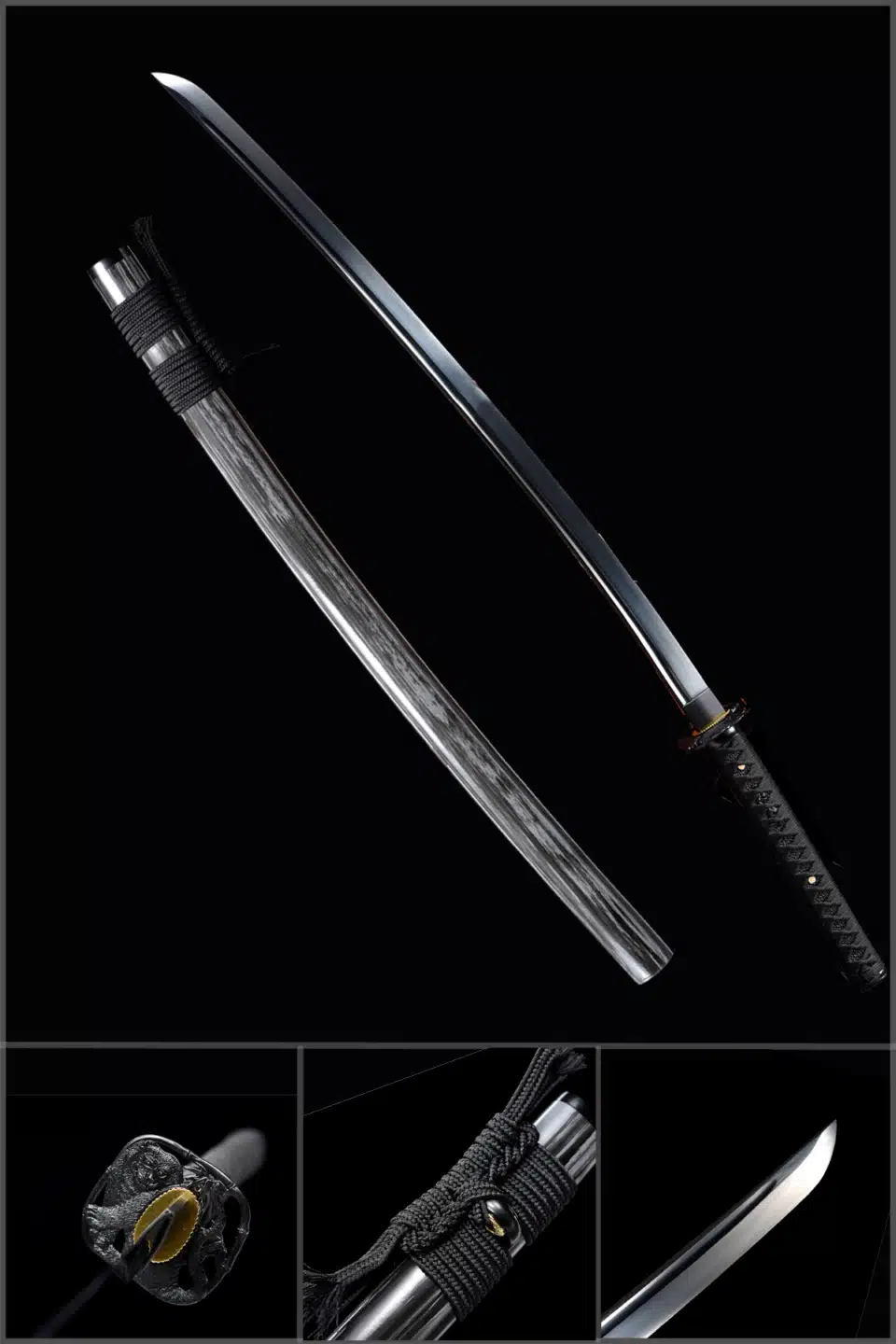 Handmade Japanese Samurai Katana Sword Spring Steel Black Blade Full Tang With Grey Scabbard