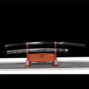 Handmade Japanese Samurai Katana Sword Spring Steel Black Blade Full Tang With Grey Scabbard