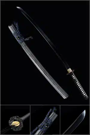 Handmade Japanese Samurai Katana Sword Spring Steel Black Blade With Grey Scabbard