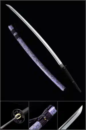 handmade japanese samurai katana sword, 9260 spring steel blade full tang with bo-hi, purple saya (1)