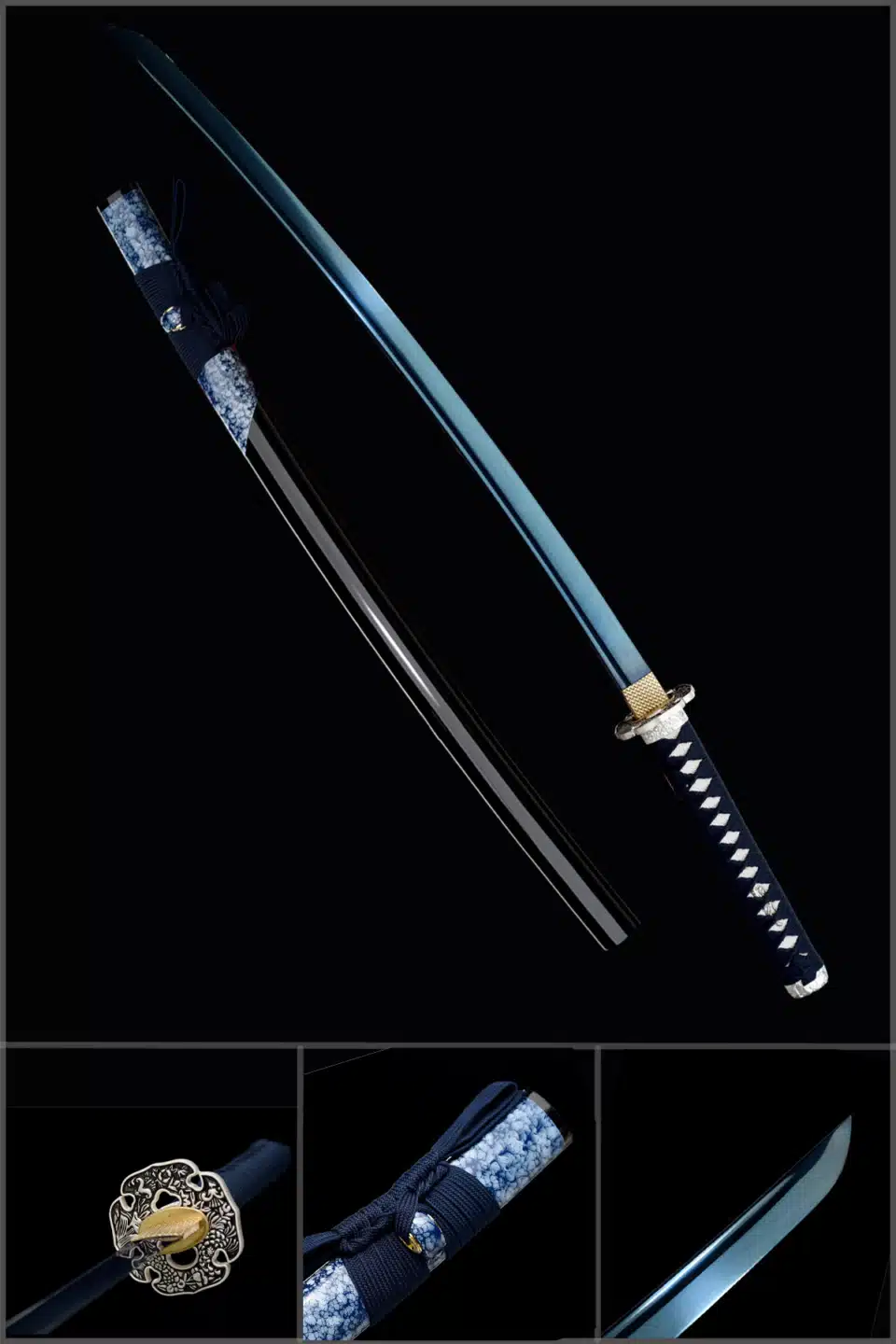 Handmade Japanese Samurai Katana Sword Spring Steel Blue Blade With Bo Hi Black Saya