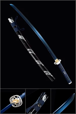 Handmade Japanese Samurai Katana Sword Spring Steel Blue Blade With Bo Hi Feather Pattern Black Saya