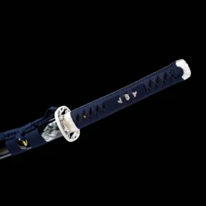 Handmade Japanese Samurai Katana Sword Spring Steel Blue Blade With Bo Hi Feather Pattern Black Saya