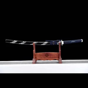 Handmade Japanese Samurai Katana Sword Spring Steel Blue Blade With Bo Hi Feather Pattern Black Saya