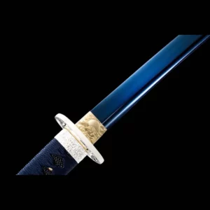 Handmade Japanese Samurai Katana Sword Spring Steel Blue Blade With Bo Hi Feather Pattern Black Saya