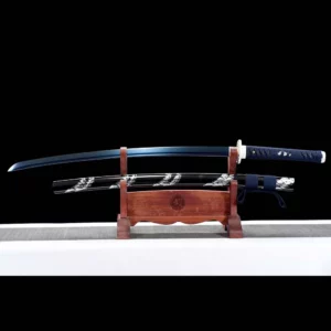 Handmade Japanese Samurai Katana Sword Spring Steel Blue Blade With Bo Hi Feather Pattern Black Saya