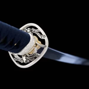 Handmade Japanese Samurai Katana Sword Spring Steel Blue Blade With Bo Hi Feather Pattern Black Saya