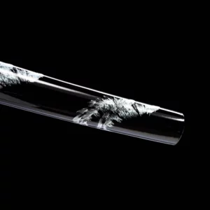 Handmade Japanese Samurai Katana Sword Spring Steel Blue Blade With Bo Hi Feather Pattern Black Saya