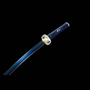 Handmade Japanese Samurai Katana Sword Spring Steel Blue Blade With Bo Hi Feather Pattern Black Saya