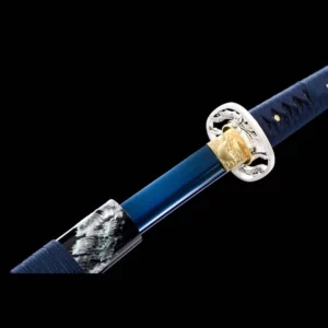 Handmade Japanese Samurai Katana Sword Spring Steel Blue Blade With Bo Hi Feather Pattern Black Saya