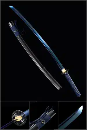 Handmade Japanese Samurai Katana Sword Spring Steel Full Tang Blue Baked With Black Scabbard