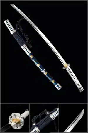 Handmade Japanese Samurai Katana Sword Spring Steel Strong Full Tang Battle Ready Blue Floral Pattern Saya