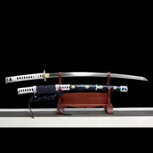 Handmade Japanese Samurai Katana Sword Spring Steel Strong Full Tang Battle Ready Blue Floral Pattern Saya