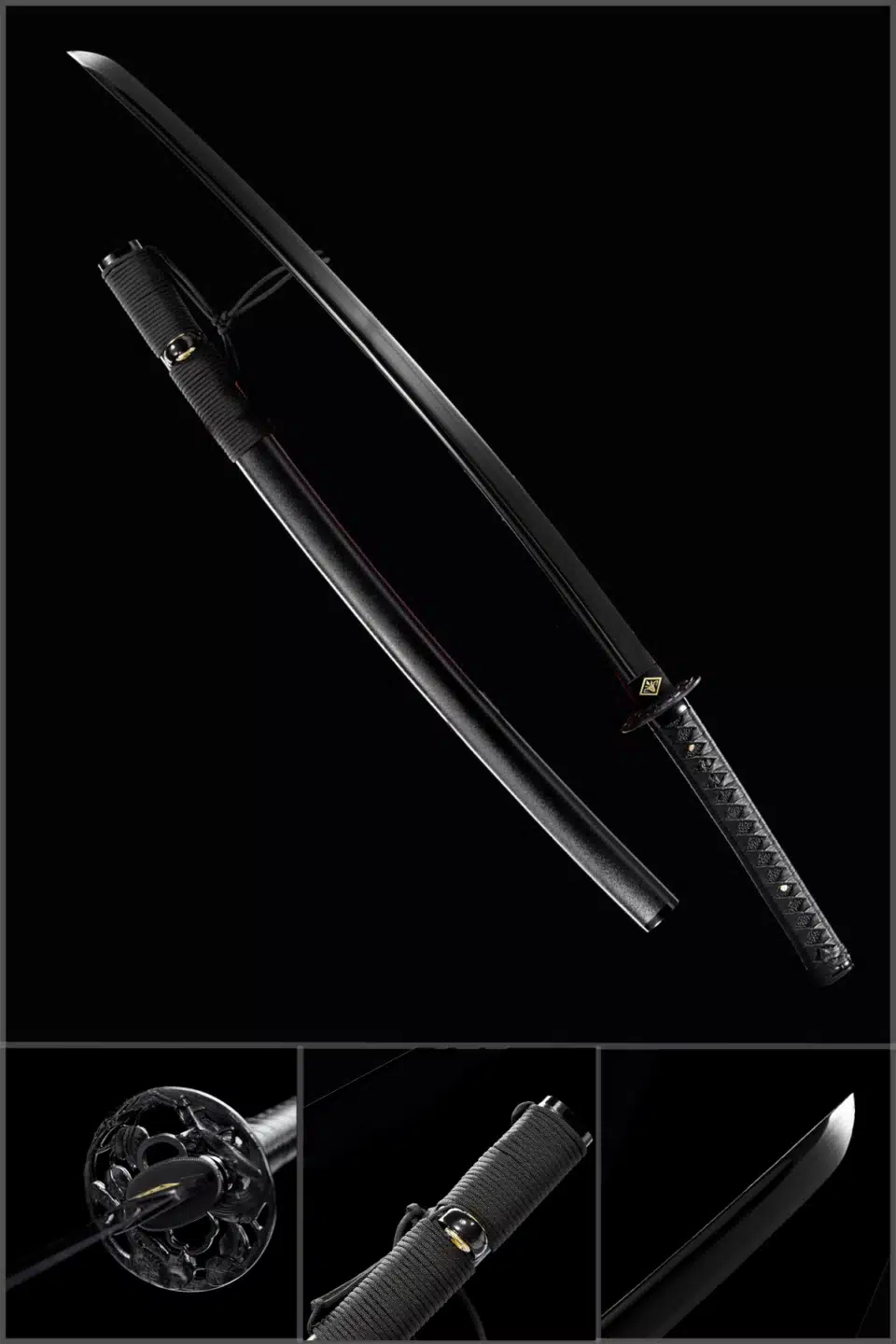 Handmade Japanese Samurai Katana Sword Darth Vader Spring Steel Black Blade Full Tang With Bo Hi Black Saya