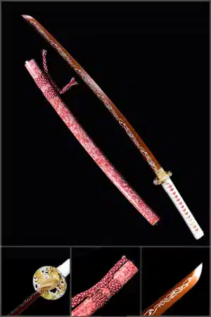 Handmade Japanese Samurai Katana Sword High Manganese Steel Red Cloud Pattern Blade With Pink Scabbard