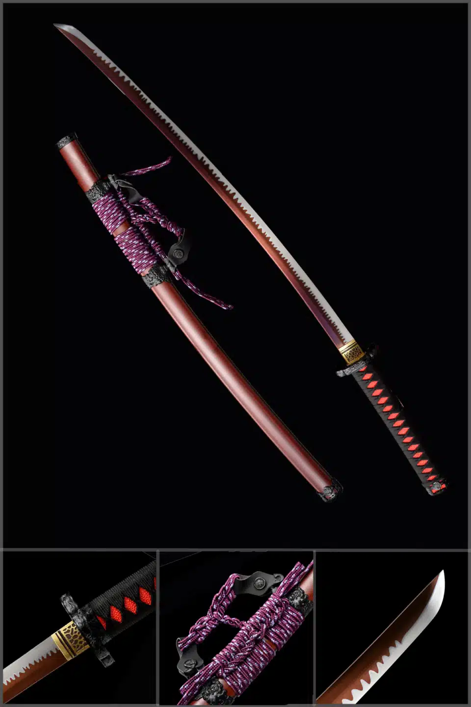 Handmade Japanese Samurai Katana Sword High Manganese Steel Red Hamon Blade Full Tang