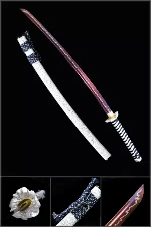 Handmade Japanese Samurai Katana Sword High Manganese Steel Thunder Red Blade Battle Ready White Saya